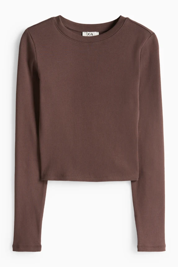 Cropped long sleeve top - slim fit - ribbed dark brown