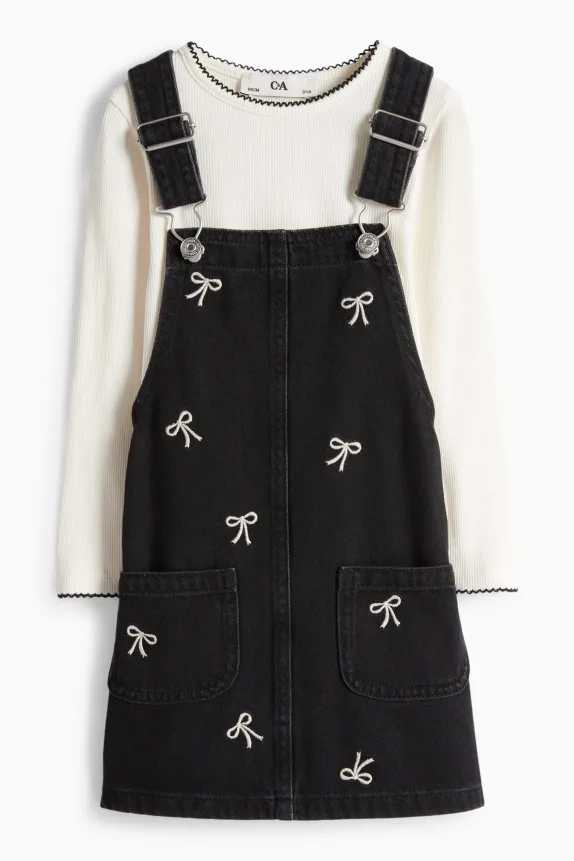 Bow - set - long sleeve top and denim pinafore dress - 2 piece white / black