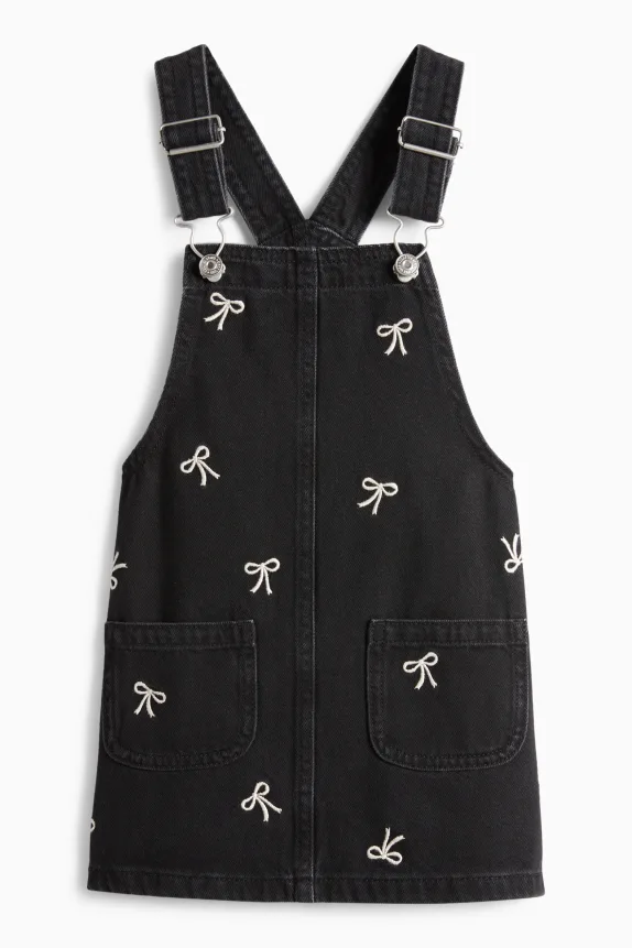 Bow - set - long sleeve top and denim pinafore dress - 2 piece white / black