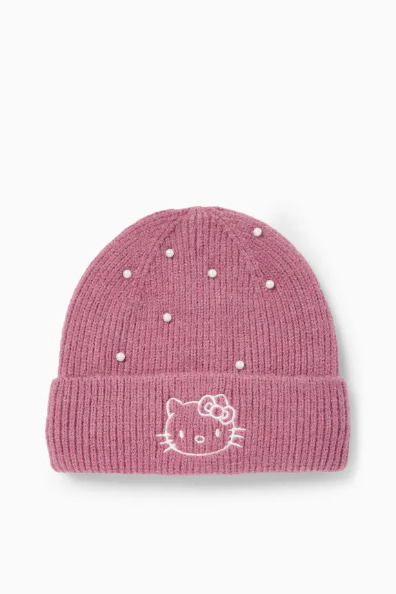 Hello Kitty - hat with beads - ribbed dark rose