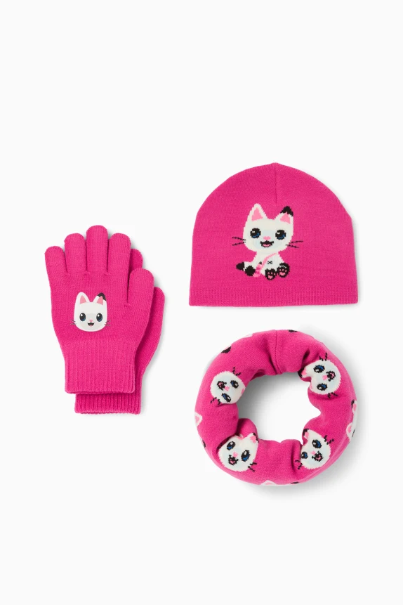 Gabby's Dollhouse - set - hat, snood and gloves pink