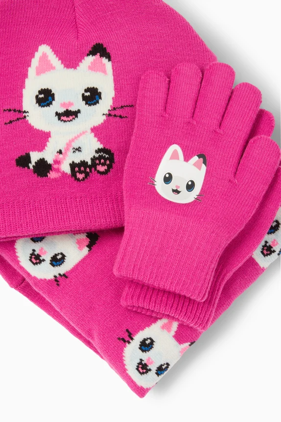 Gabby's Dollhouse - set - hat, snood and gloves pink