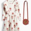 Set - floral - dress and bag - 2 piece light beige