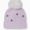 Floral - pom-pom hat - cable knit pattern light violet