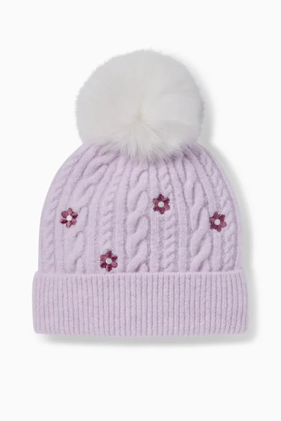 Floral - pom-pom hat - cable knit pattern light violet