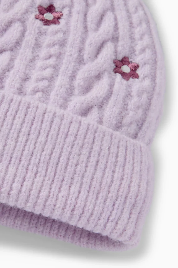 Floral - pom-pom hat - cable knit pattern light violet
