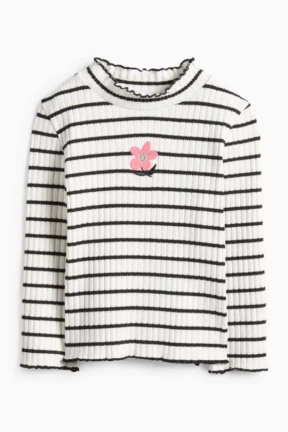 Floral - long sleeve top - ribbed - striped black / white