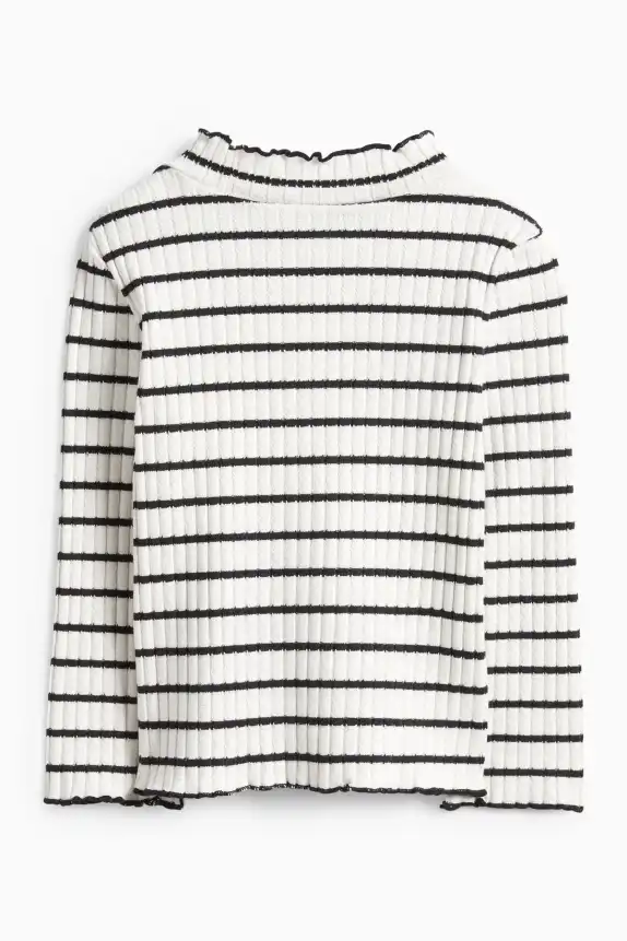 Floral - long sleeve top - ribbed - striped black / white