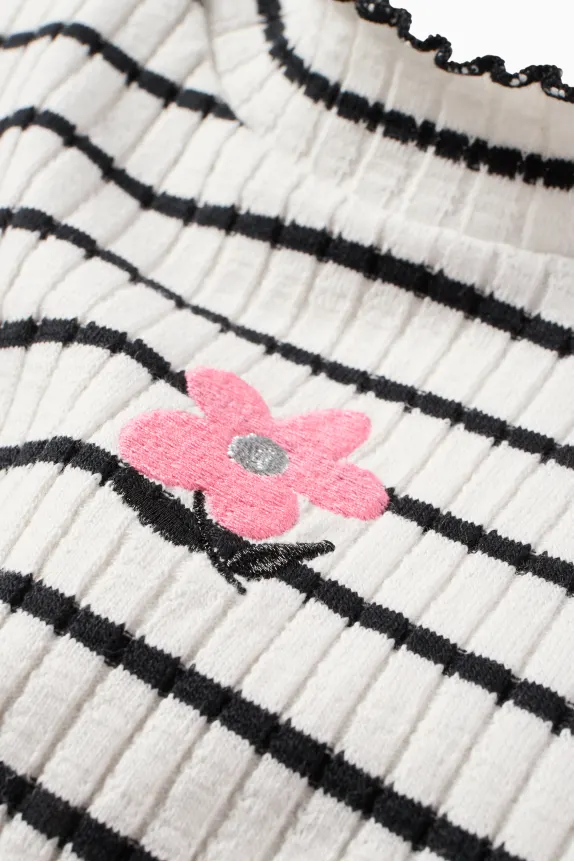 Floral - long sleeve top - ribbed - striped black / white