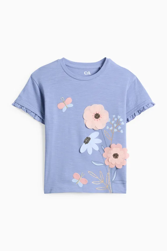 Flowers and butterflies - short sleeve T-shirt - shiny light blue