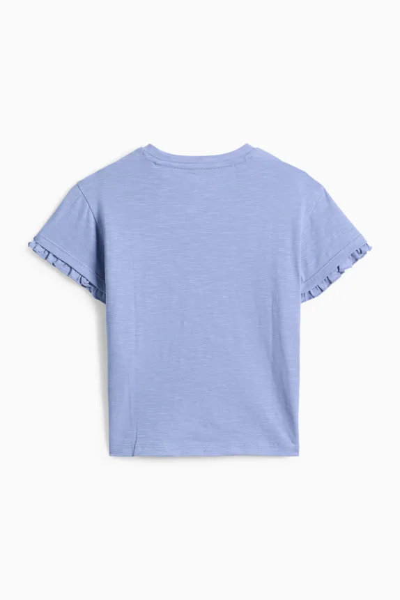 Flowers and butterflies - short sleeve T-shirt - shiny light blue