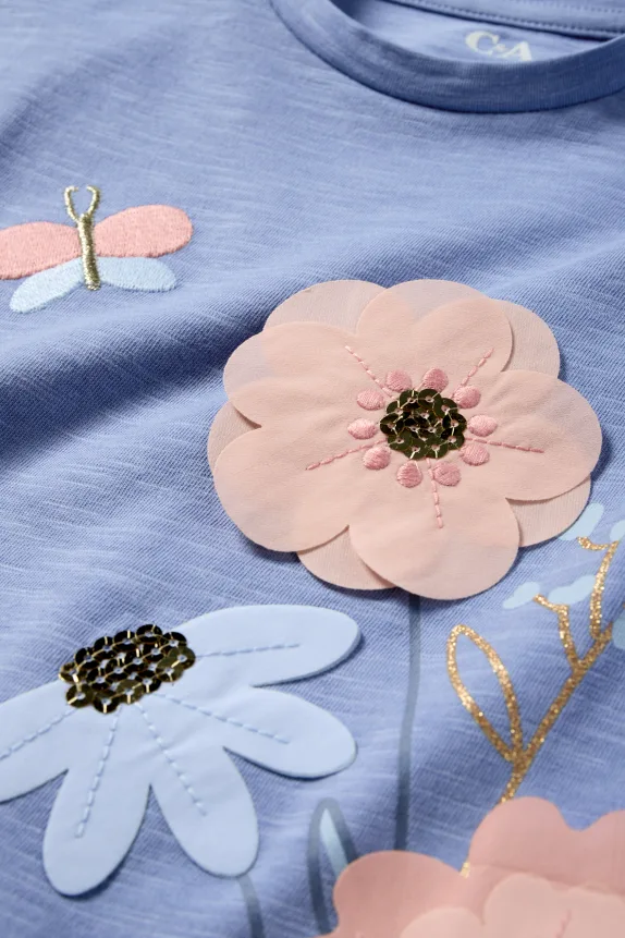 Flowers and butterflies - short sleeve T-shirt - shiny light blue