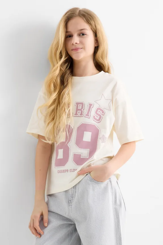 Paris - short sleeve T-shirt with rhinestones cremewhite