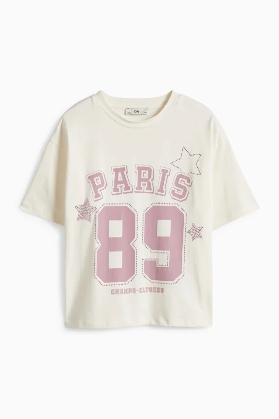 Paris - short sleeve T-shirt with rhinestones cremewhite