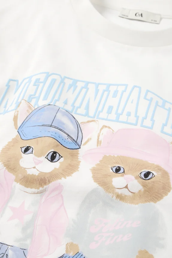 Cat - short sleeve T shirt white / blue