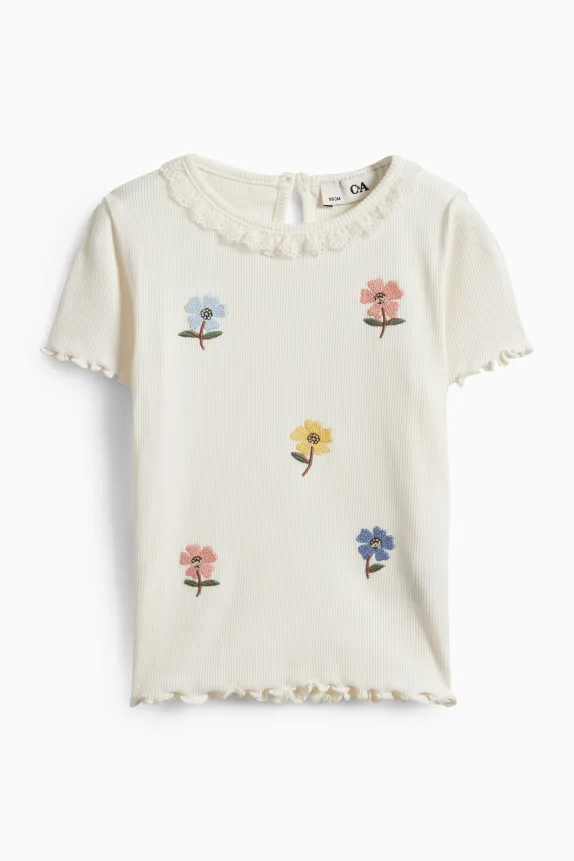 Floral - short sleeve T-shirt - ribbed - shiny cremewhite