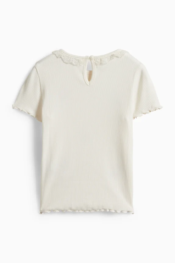 Floral - short sleeve T-shirt - ribbed - shiny cremewhite