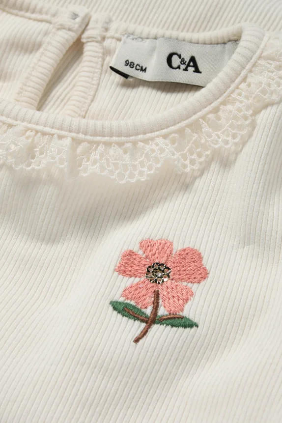 Floral - short sleeve T-shirt - ribbed - shiny cremewhite