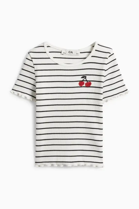 Cherry - short sleeve T-shirt - ribbed - striped white