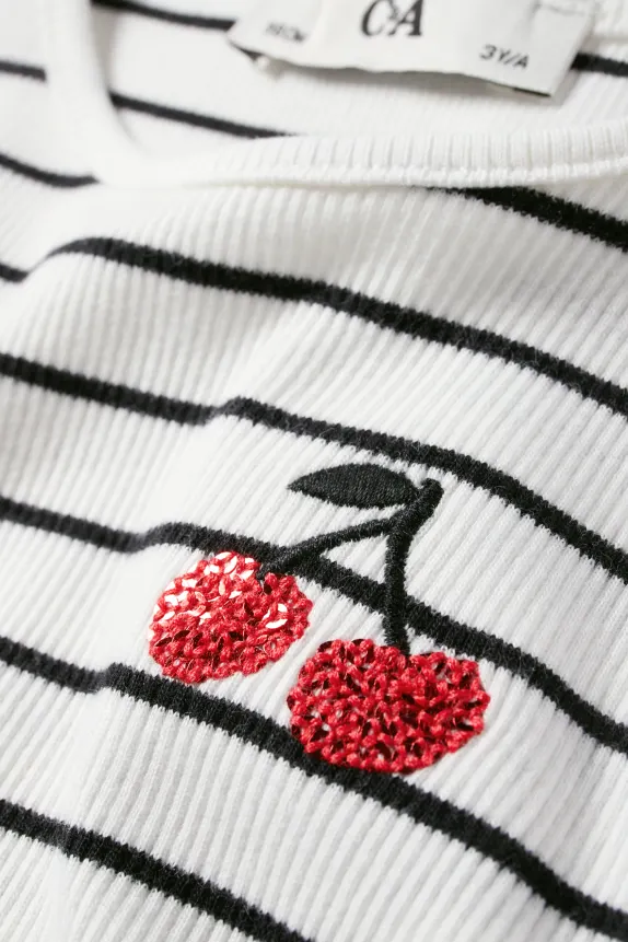 Cherry - short sleeve T-shirt - ribbed - striped white