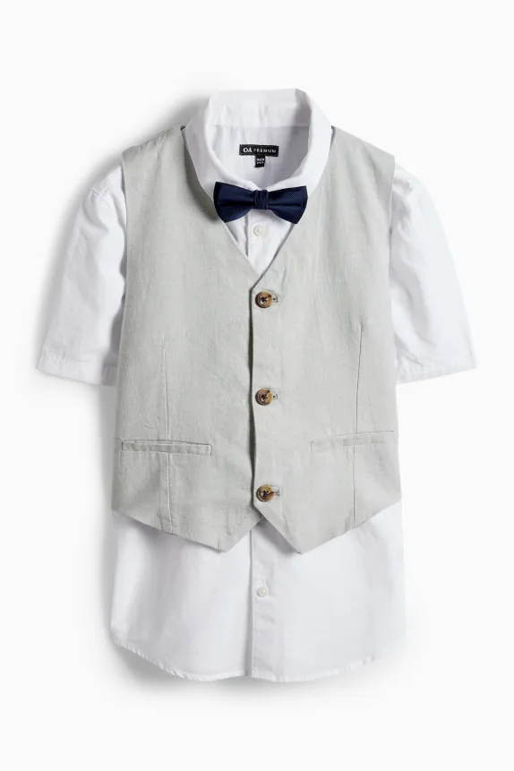 Set - shirt, waistcoat and bow tie - 3 piece - party white / gray
