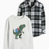 Dinosaur - set - long sleeve top and flannel shirt - 2 piece green