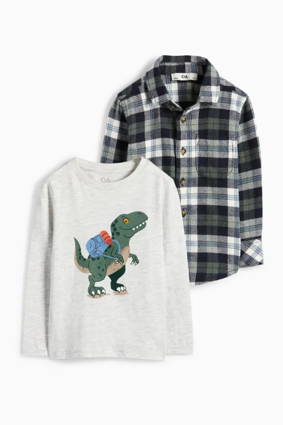Dinosaur - set - long sleeve top and flannel shirt - 2 piece green