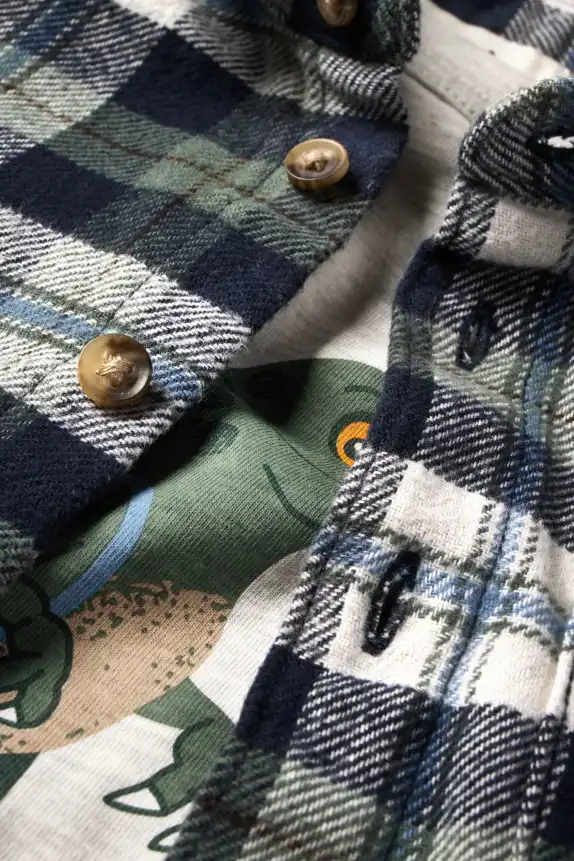 Dinosaur - set - long sleeve top and flannel shirt - 2 piece green