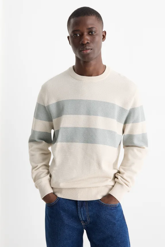 Jumper - striped - textured light beige