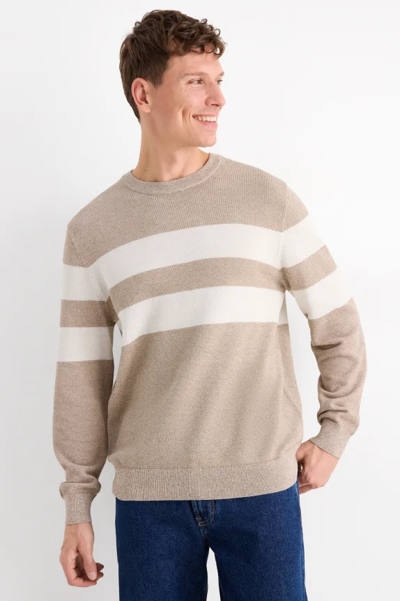 Jumper - striped - textured white / beige
