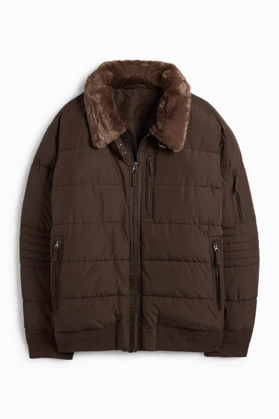 Quilted jacket with faux fur trim dark brown