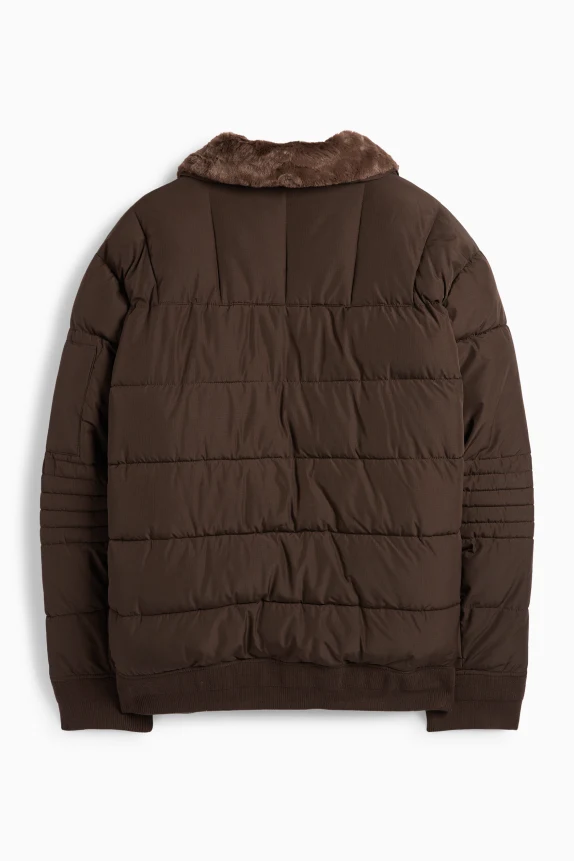 Quilted jacket with faux fur trim dark brown