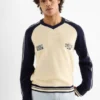 V-neck jumper - textured black / beige