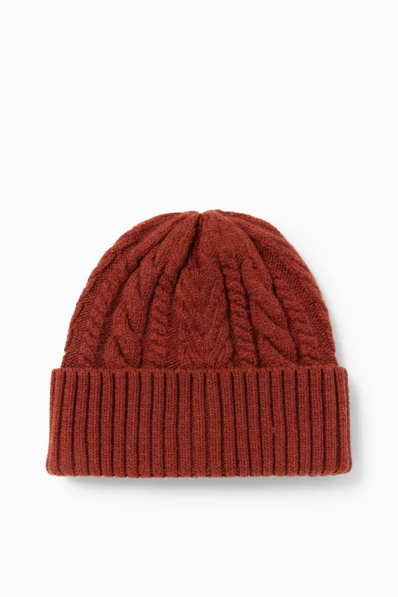 Knitted hat - cable knit pattern rust