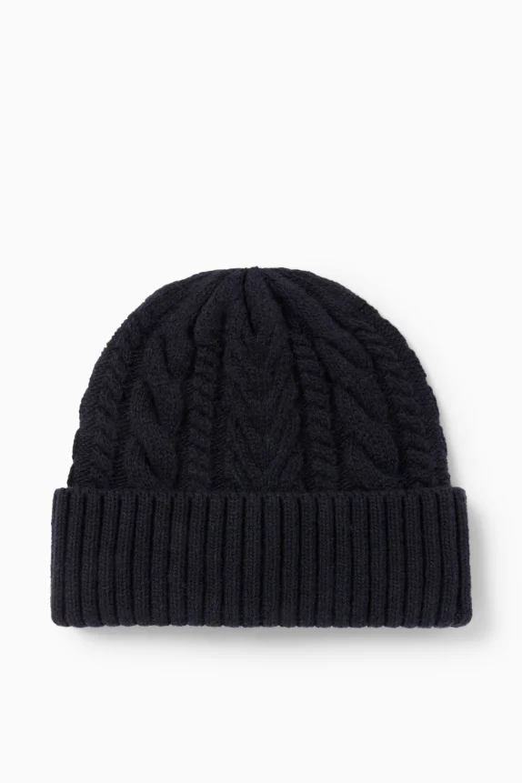 Knitted hat - cable knit pattern dark blue