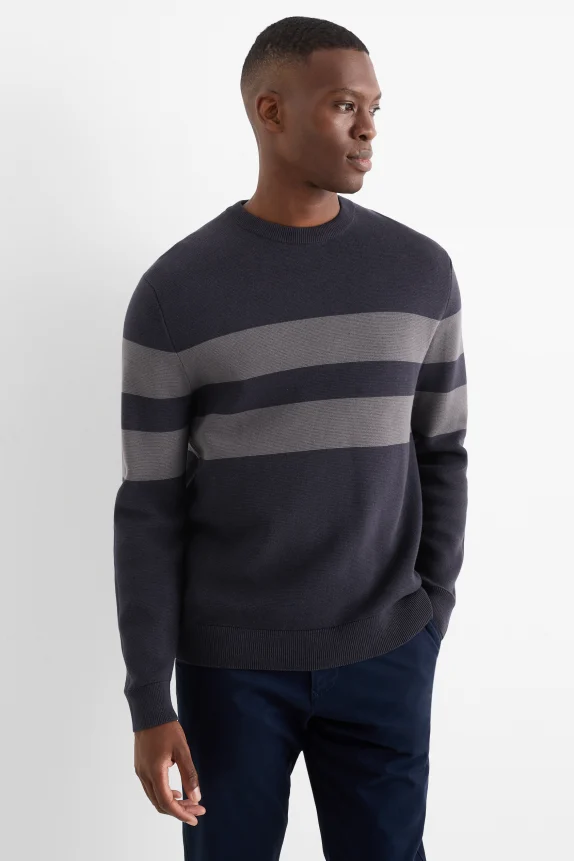 Jumper - striped - textured dark blue