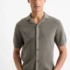 Knitted shirt - regular fit - lapel collar dark green