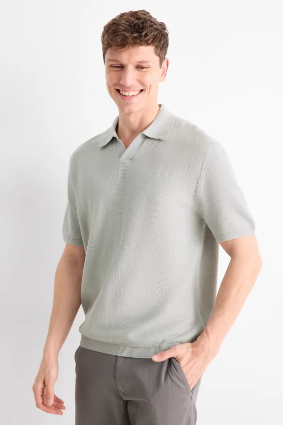 Knitted polo shirt - regular fit - textured gray