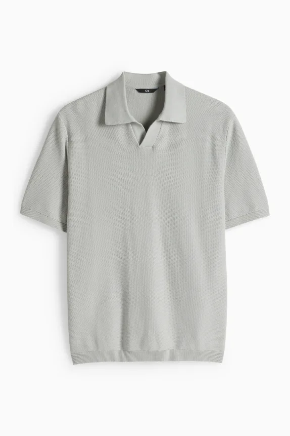 Knitted polo shirt - regular fit - textured gray