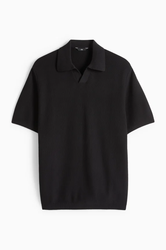 Knitted polo shirt - regular fit - textured black