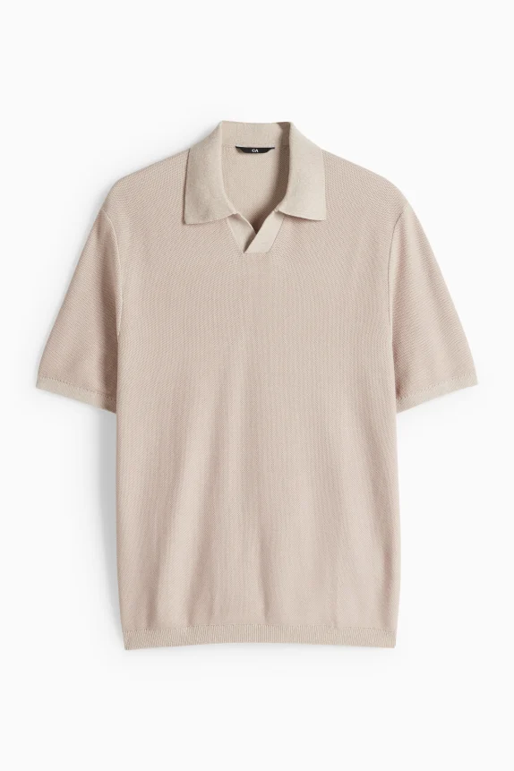 Knitted polo shirt - regular fit - textured light beige
