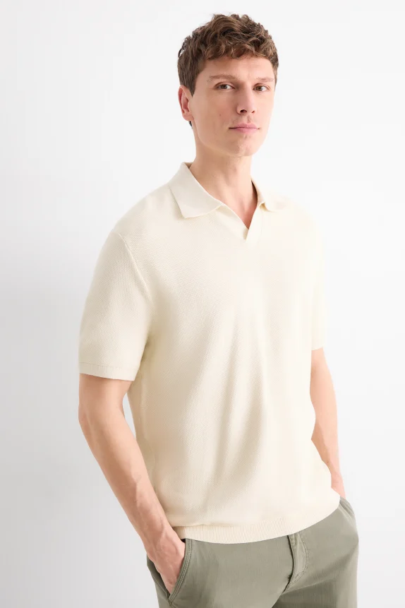 Knitted polo shirt - regular fit - textured cremewhite