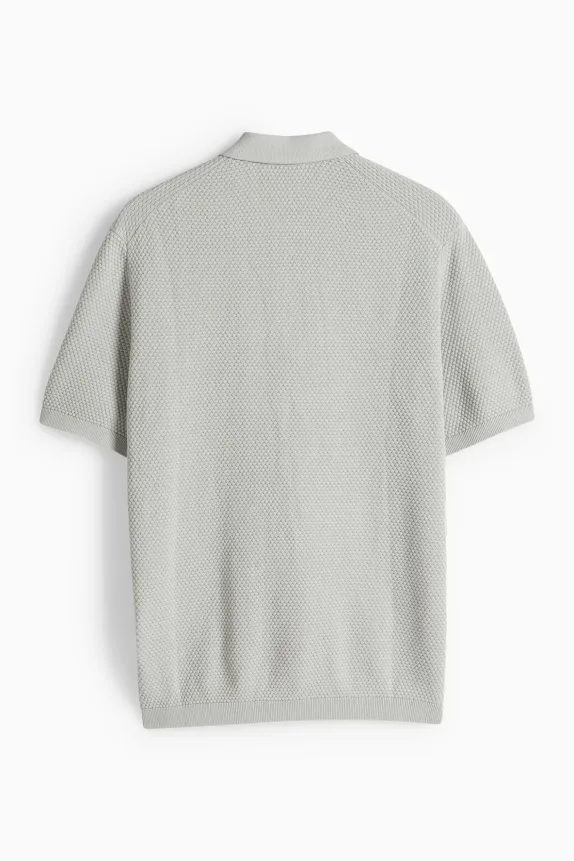 Knitted polo shirt - regular fit - textured gray