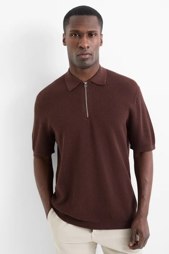 Knitted polo shirt - regular fit - textured dark brown