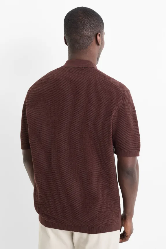 Knitted polo shirt - regular fit - textured dark brown