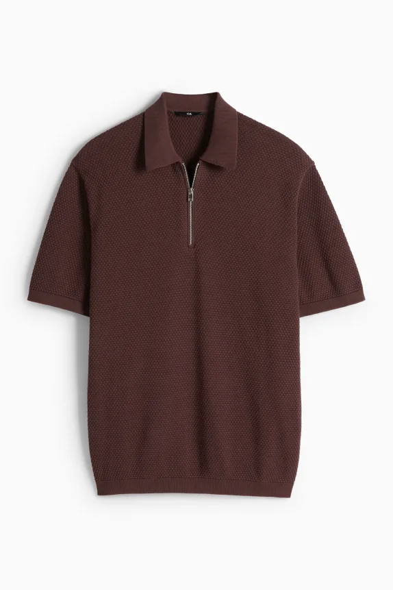 Knitted polo shirt - regular fit - textured dark brown
