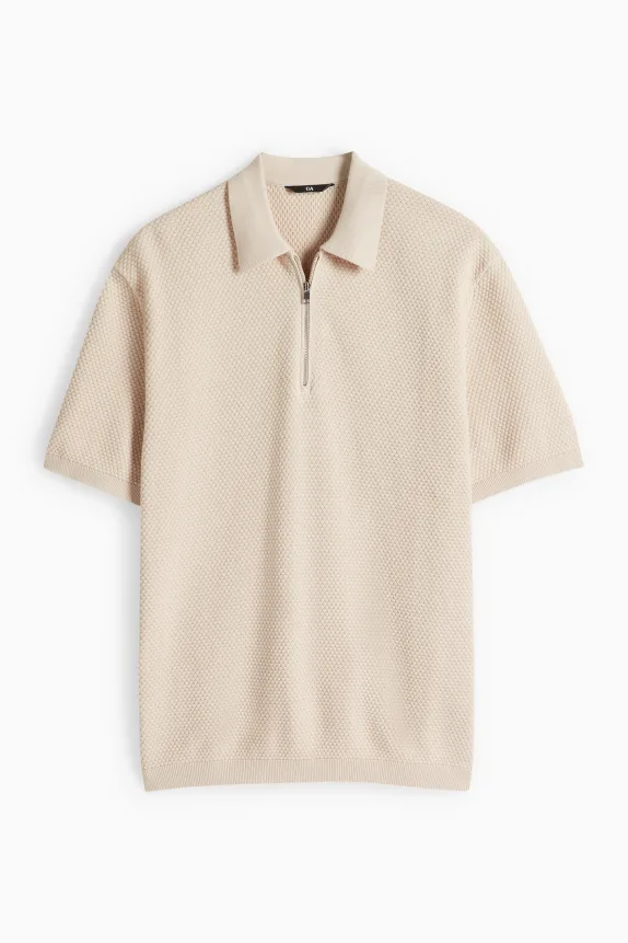 Knitted polo shirt - regular fit - textured light beige