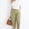 Cloth trousers with belt - high waist - barrel leg khaki
