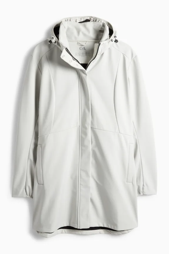 Softshell coat with hood - water-repellent - 4-way stretch light gray