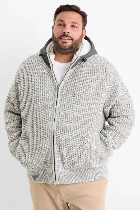 Cardigan with hood - lined - textured light gray